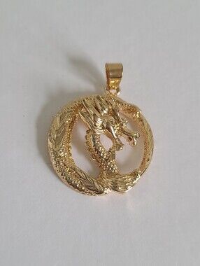 Chunky Gold Tone Chinese Asian Dragon Round Circle Pendant